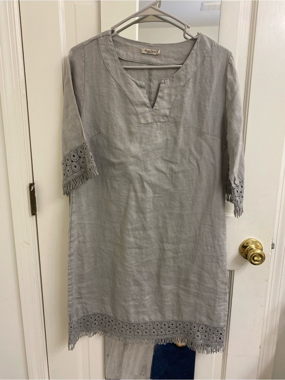 Light Gray Linen Tunic with Crochet Fringe - Women